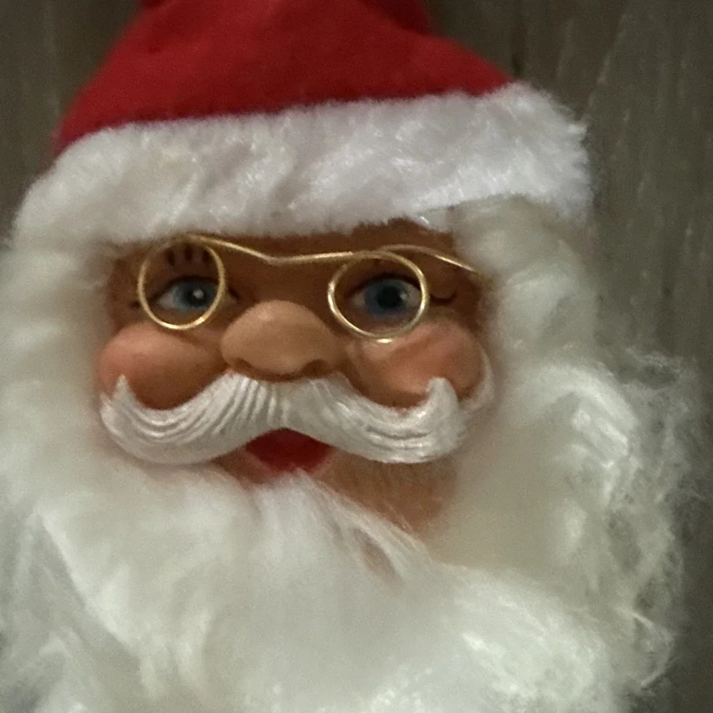 Vintage Rubber Face Santa Head Decoration‎ Blue Eyes glasses Flocked Hat